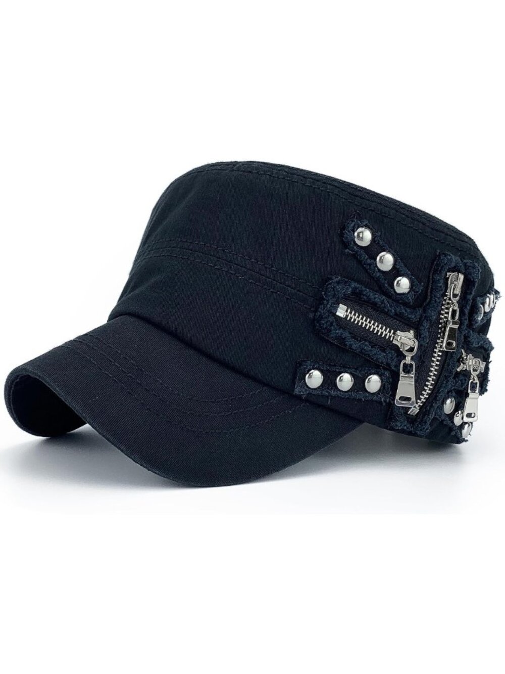 Soft Washed Cotton Adjustable Military Cadet Cap with Zip Studs & Embroidery